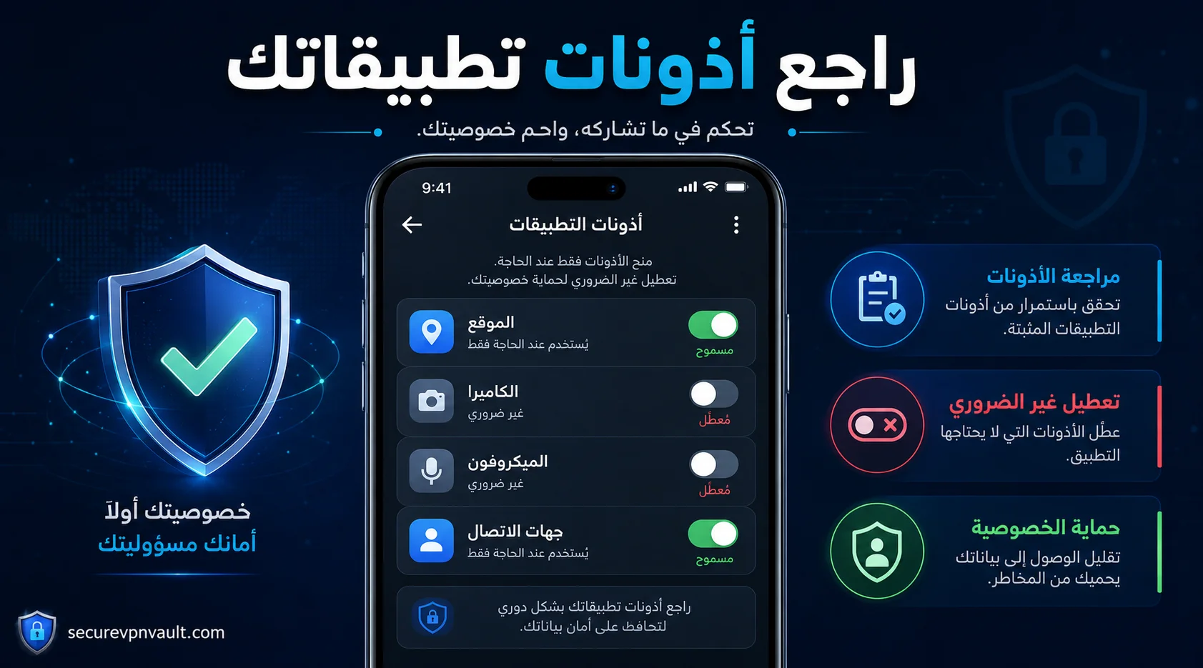 مراجعة أذونات الموقع والكاميرا والميكروفون وجهات الاتصال في الهاتف