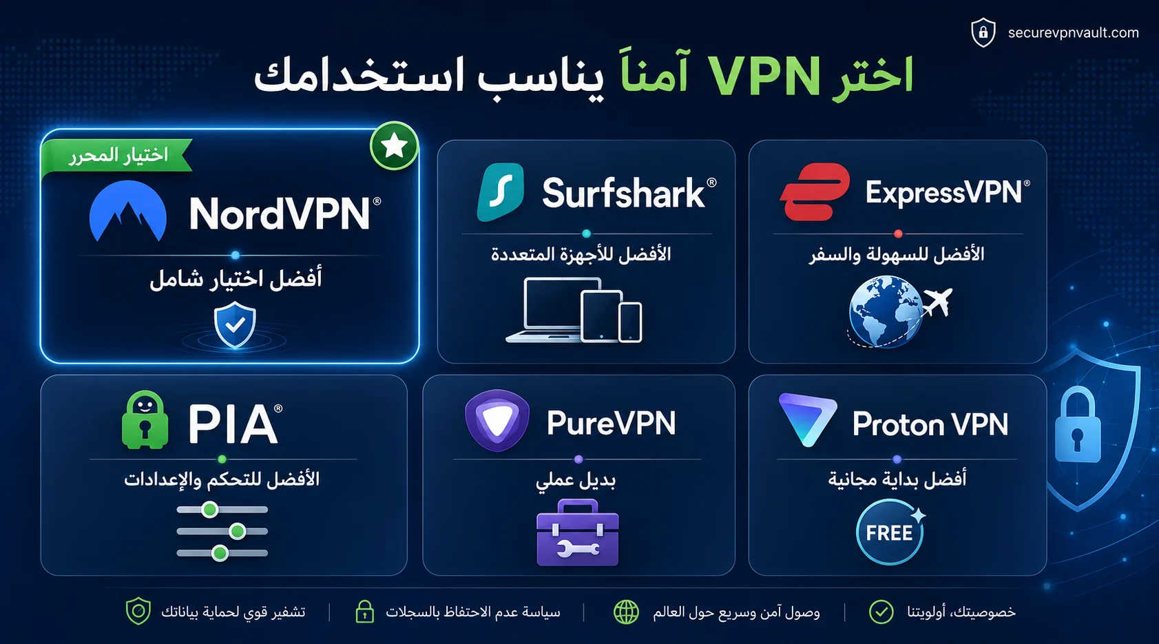 أفضل VPN آمن حسب المستخدم من NordVPN وSurfshark وExpressVPN وPIA وPureVPN وProton VPN
