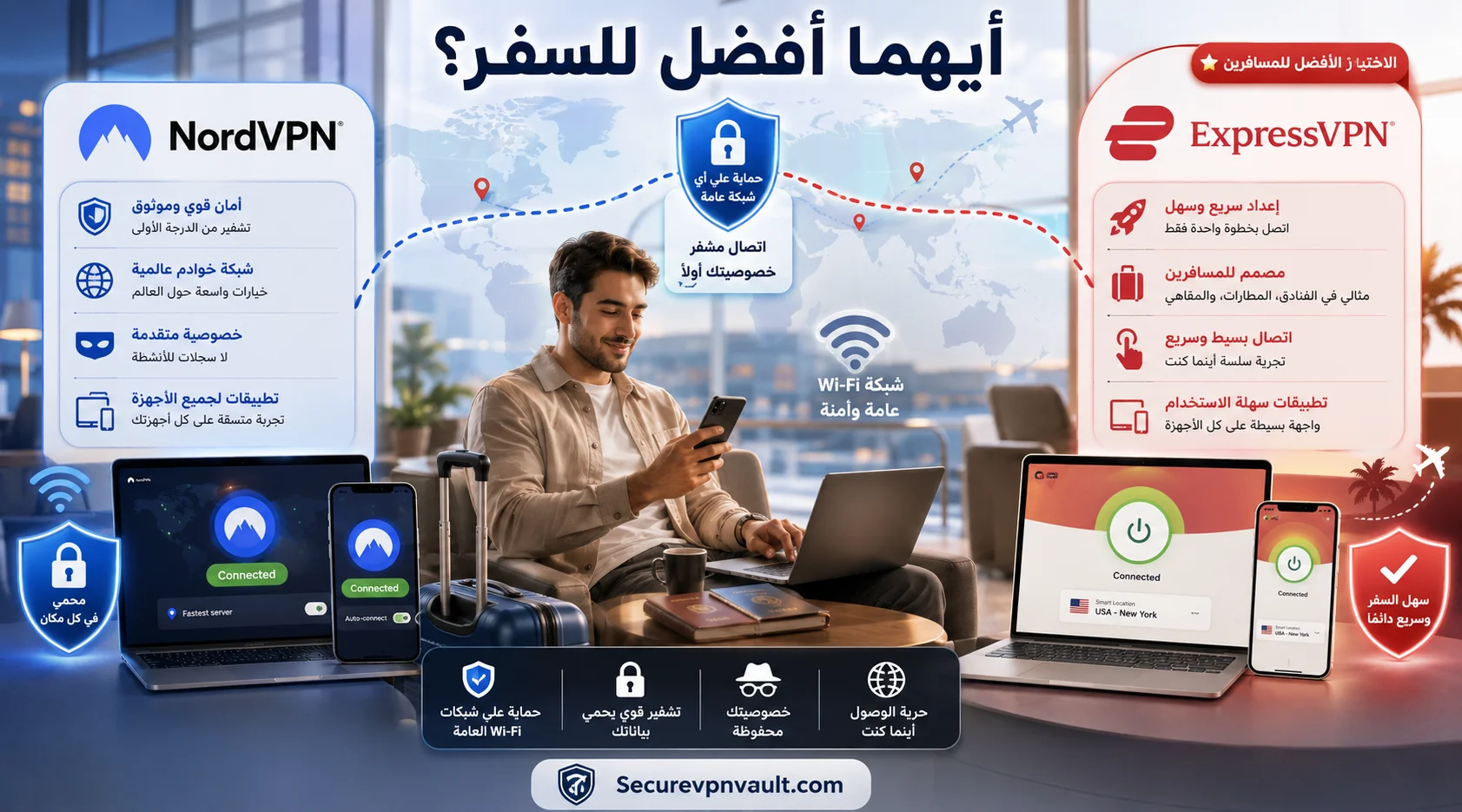 مقارنة NordVPN وExpressVPN للسفر وشبكات Wi-Fi العامة