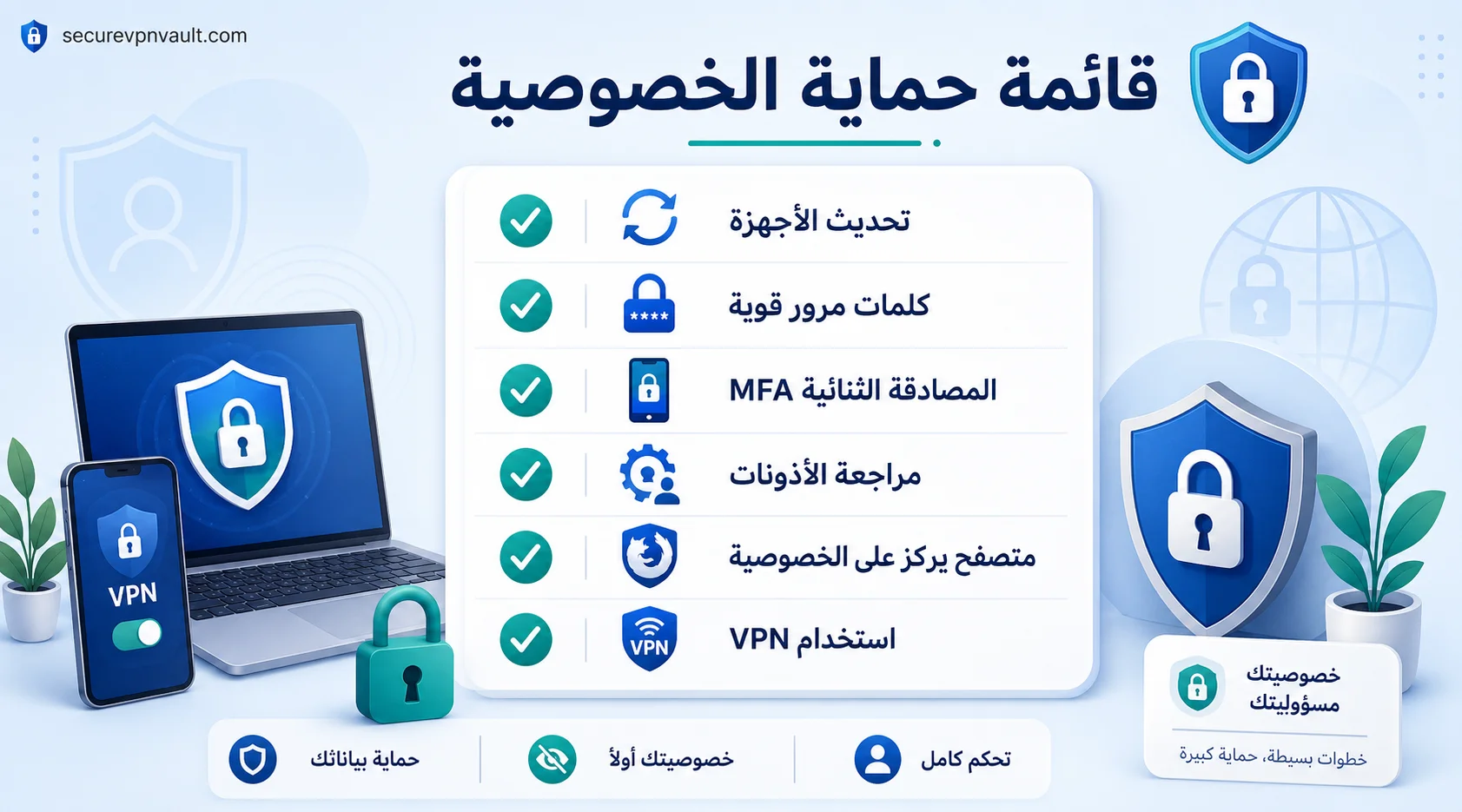 قائمة فحص الخصوصية تشمل IP وDNS وKill Switch والأذونات والحسابات