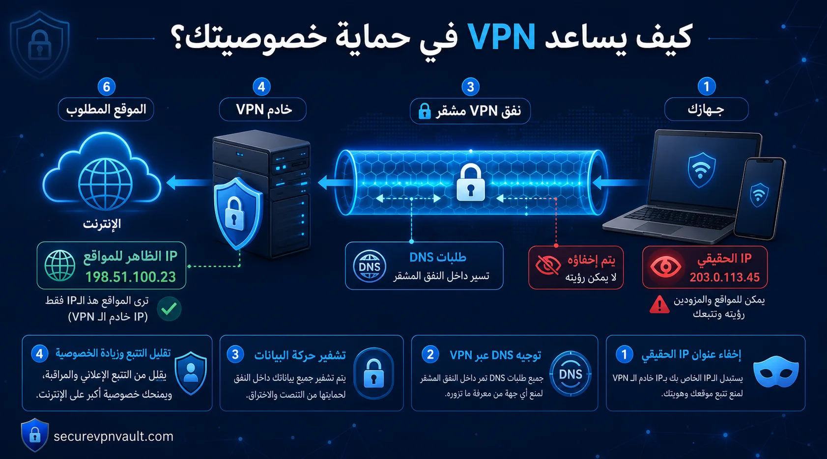 VPN يخفي عنوان IP ويوجه طلبات DNS داخل نفق مشفر