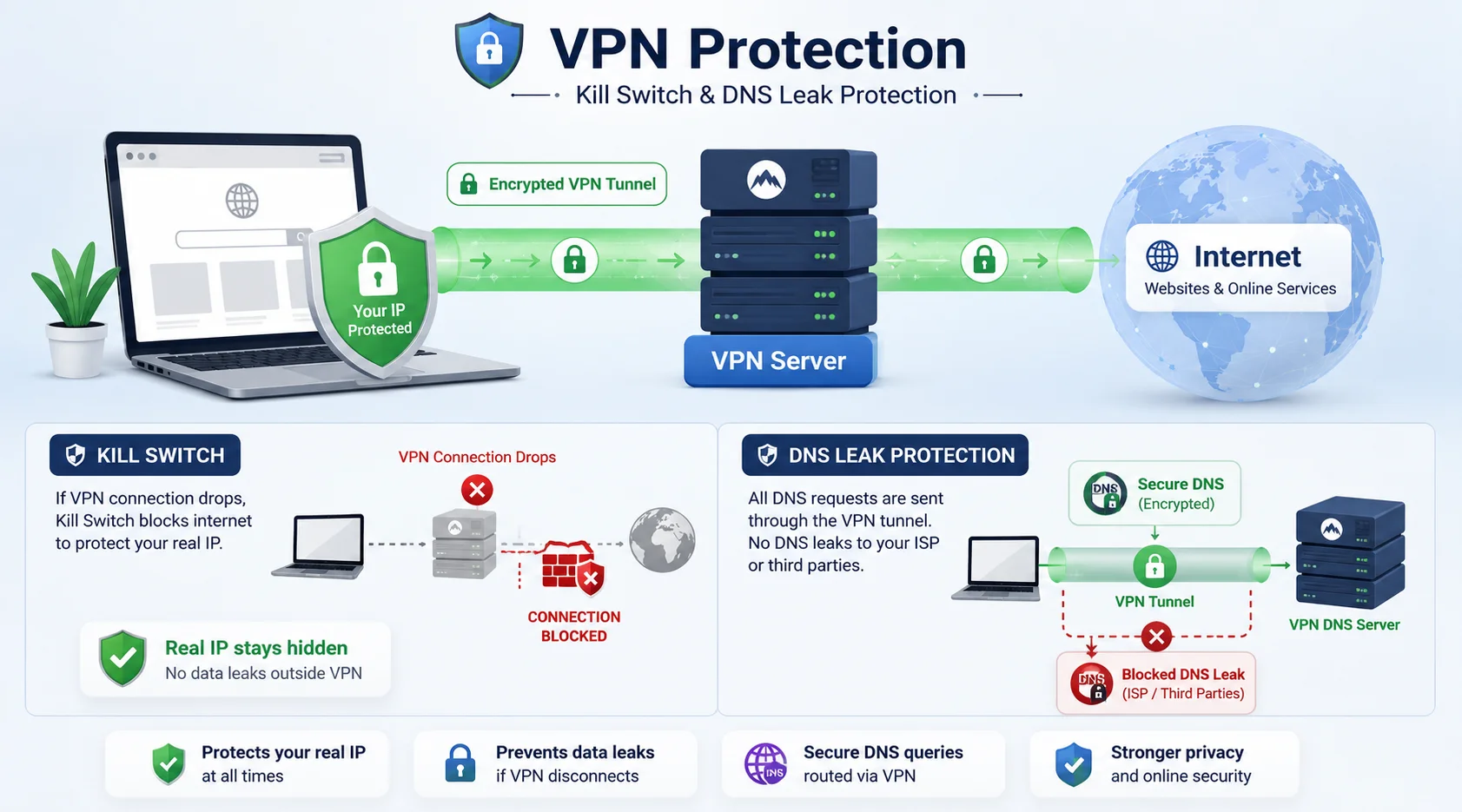 Kill Switch و DNS Leak Protection في VPN آمن
