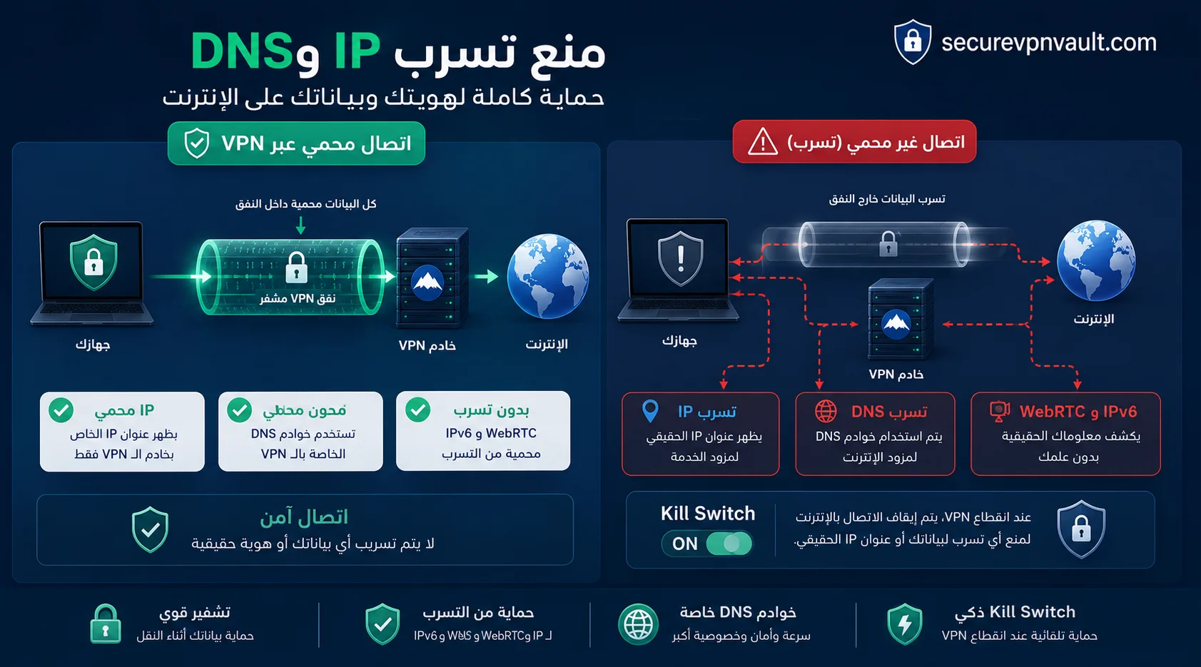 اختبار تسرب VPN لعنوان IP & DNS & IPv6 & WebRTC