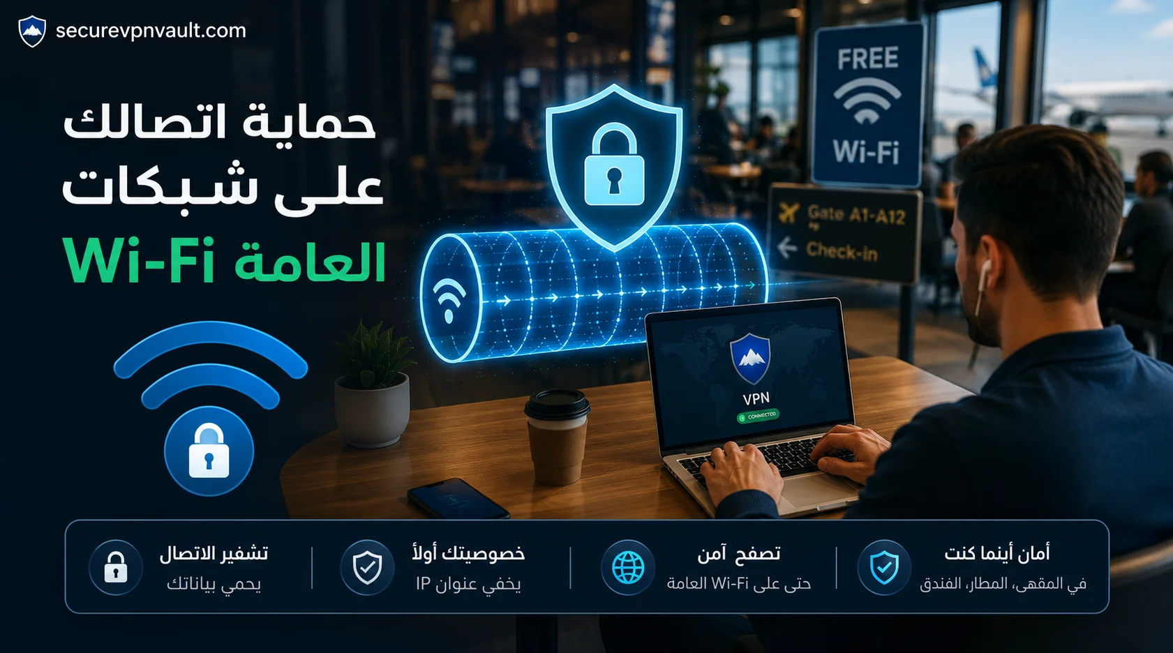 هاتف ولابتوب محميان بنفق VPN على شبكة واي فاي عامة