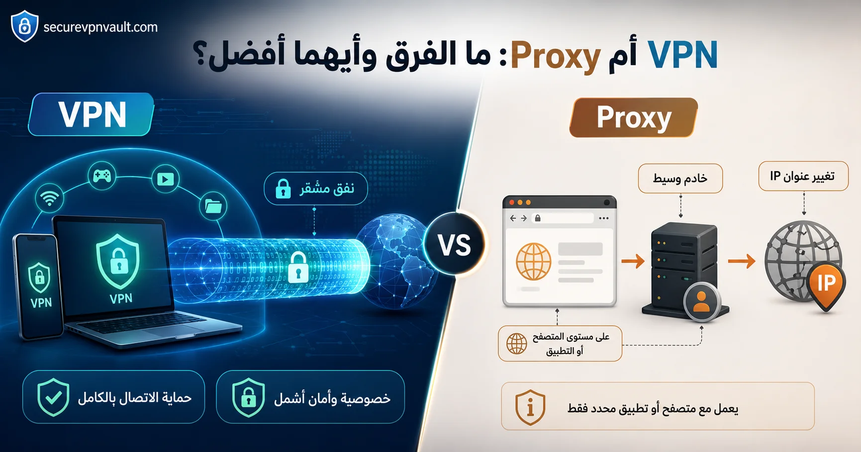 مقارنة VPN وProxy في التشفير وإخفاء عنوان IP ونطاق الحماية
