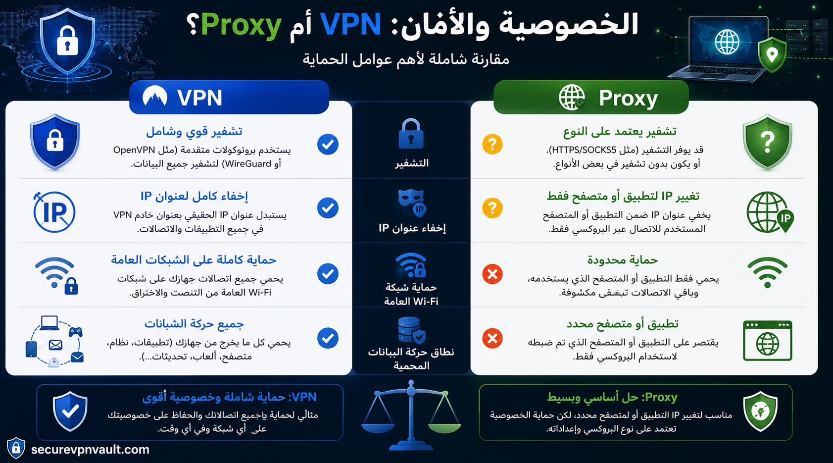 مقارنة التشفير والخصوصية والأمان بين VPN وProxy